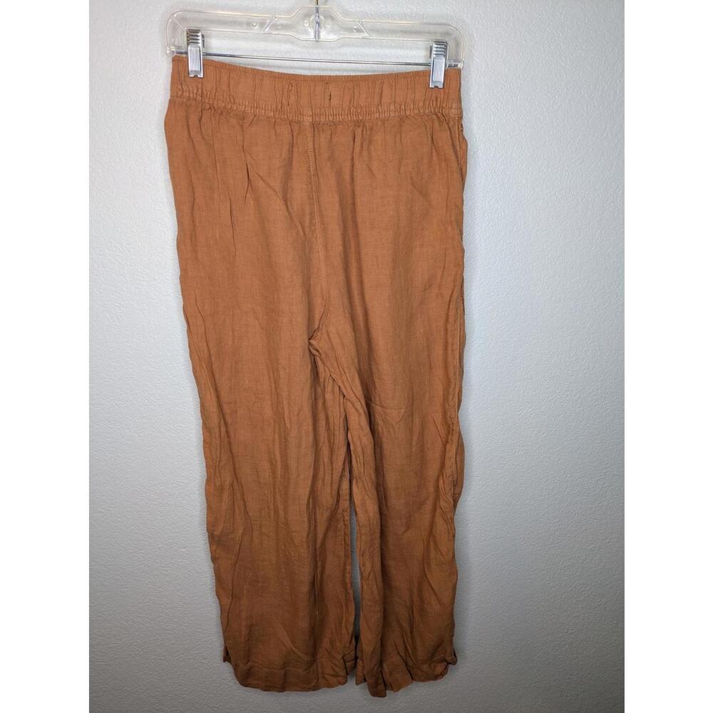 Tahari Women's 100% Linen Pants Size M Rust Brown Cropped Wide Leg Elastic Waist - Picture 3 of 3